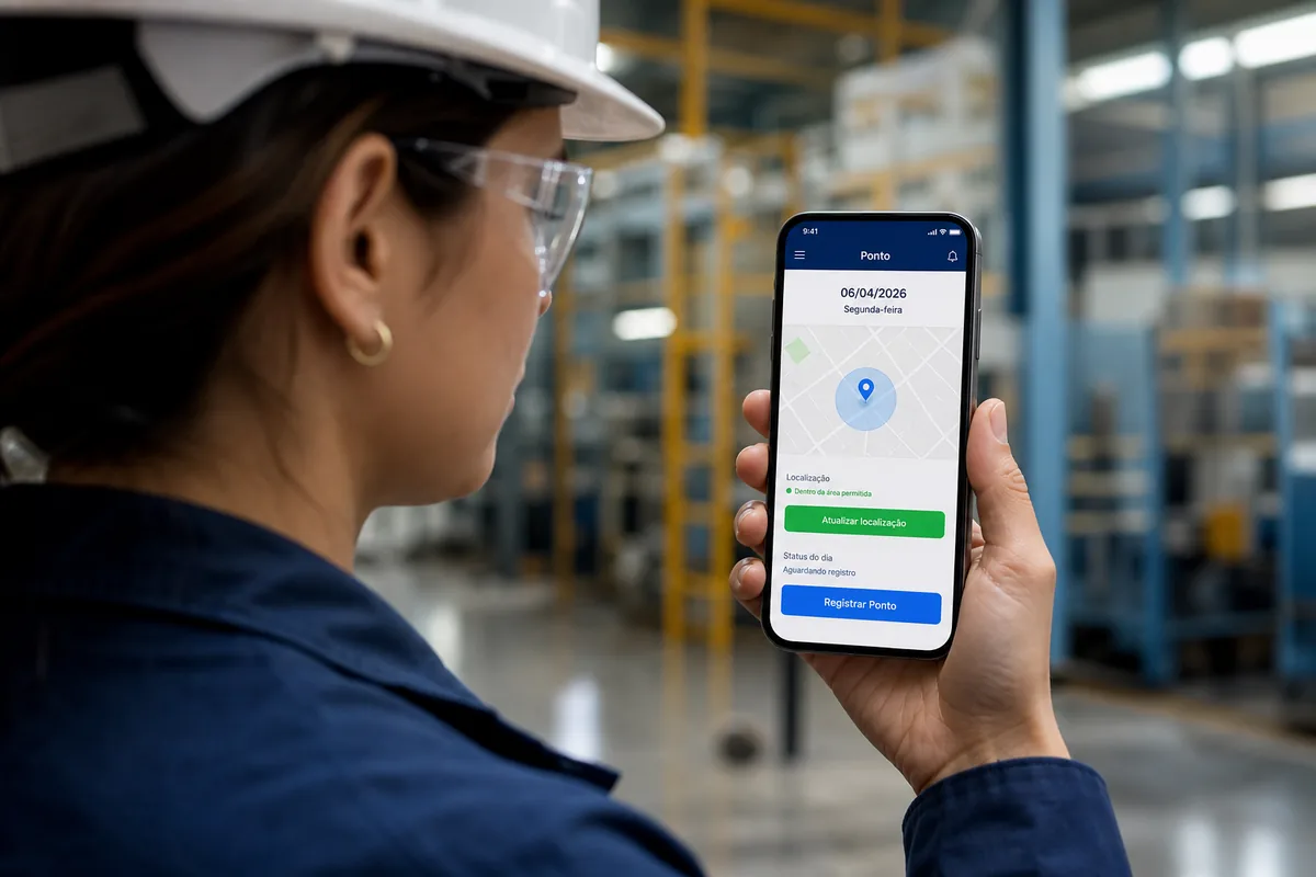 Colaboradora em ambiente industrial registrando o ponto pelo celular com o app Blue Ponto