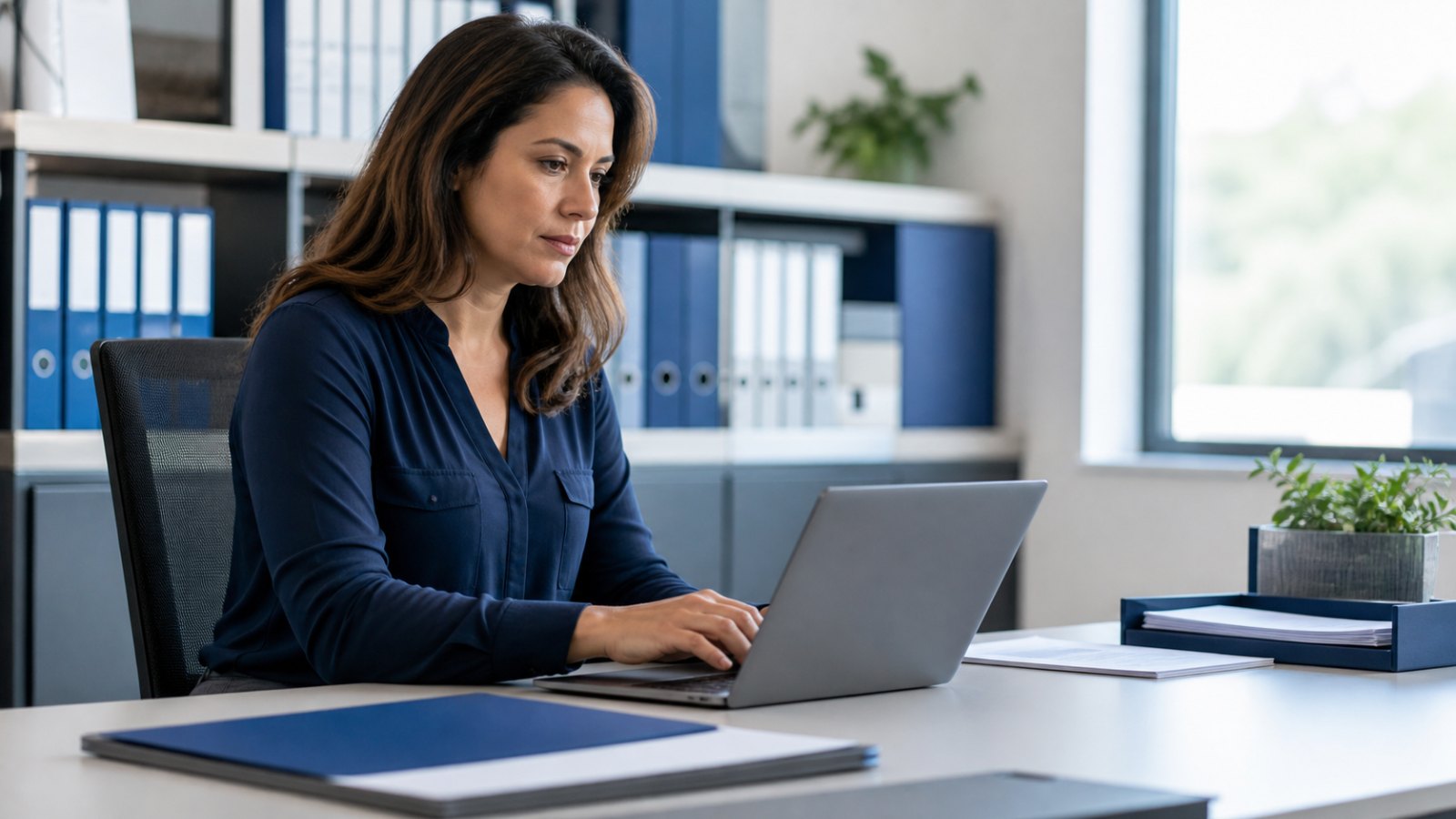 Profissional de RH confere espelho de ponto em notebook em ambiente corporativo.